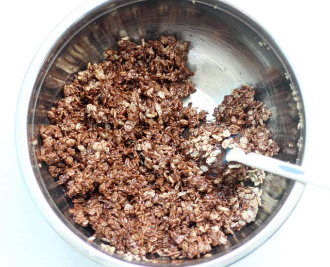chocolate rice krispie treats recipe mixing in bowl