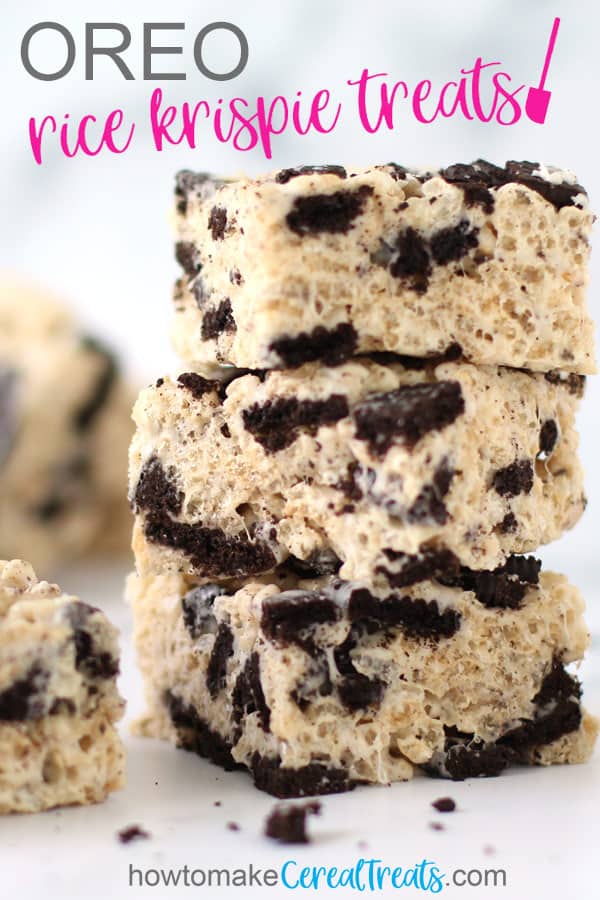 OREO rice krispie treats stacked up on top of each other on a marble background with text overlay