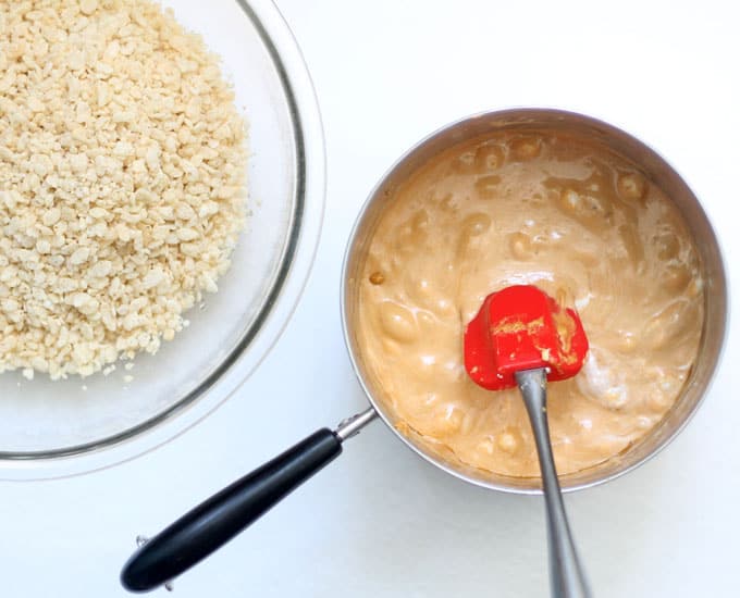 ingredients in saucepan for butterscotch rice krispie treats