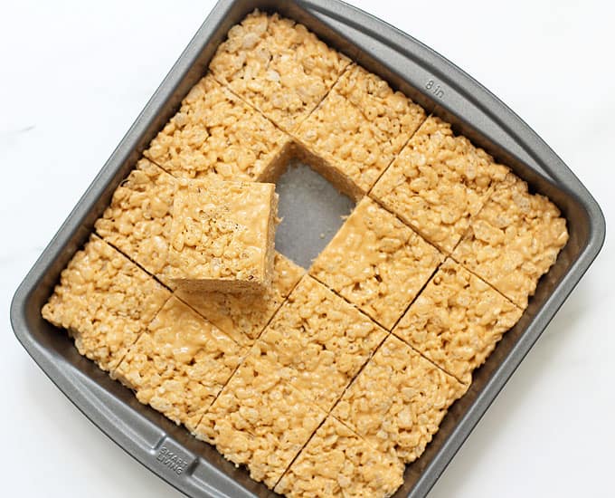 butterscotch rice krispie treats cut into squares