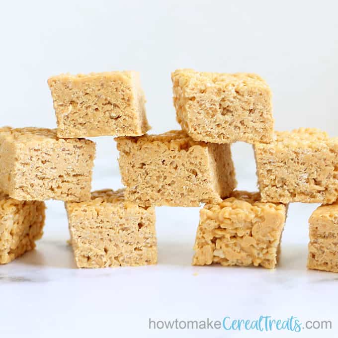 front view of stacked butterscotch rice krispie treats 