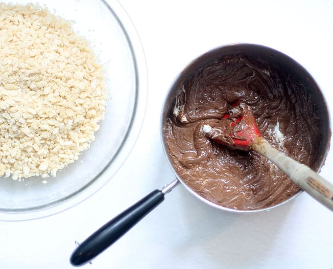 chocolate peanut butter rice krispie treat recipe mixing in saucepan