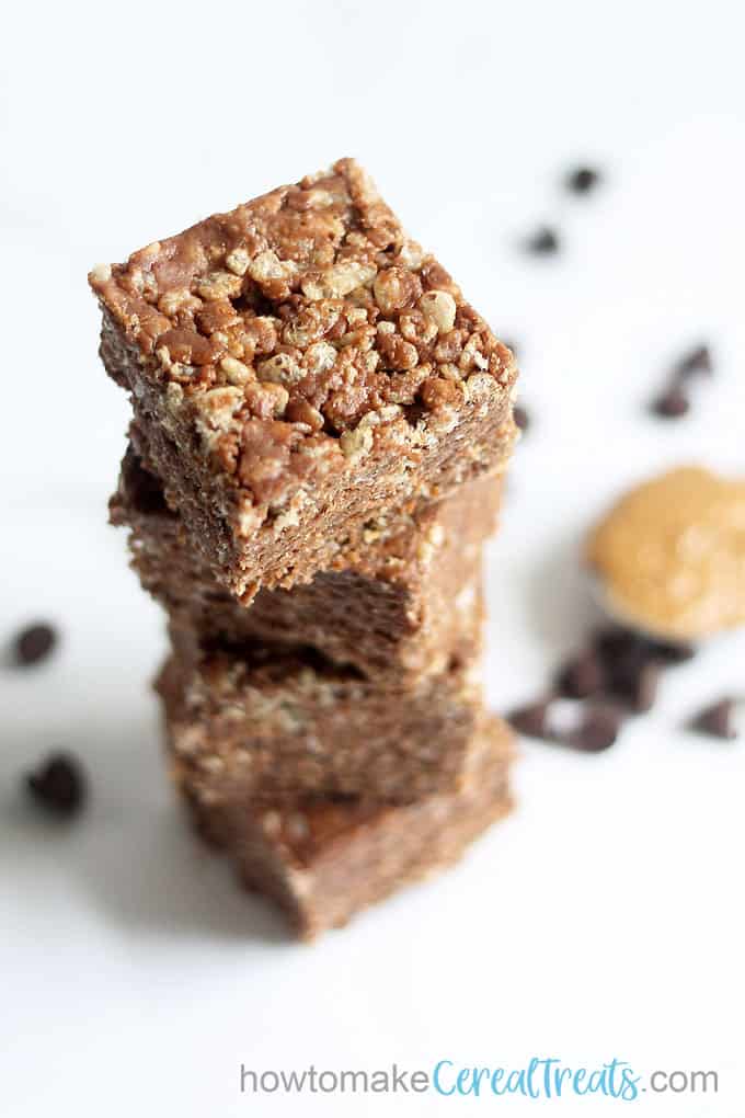 chocolate peanut butter rice krispie treats overhead image, stacked