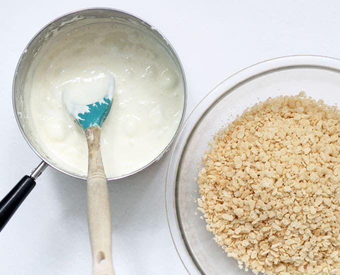 ingredients and mixing flower Rice Krispie Treats recipe