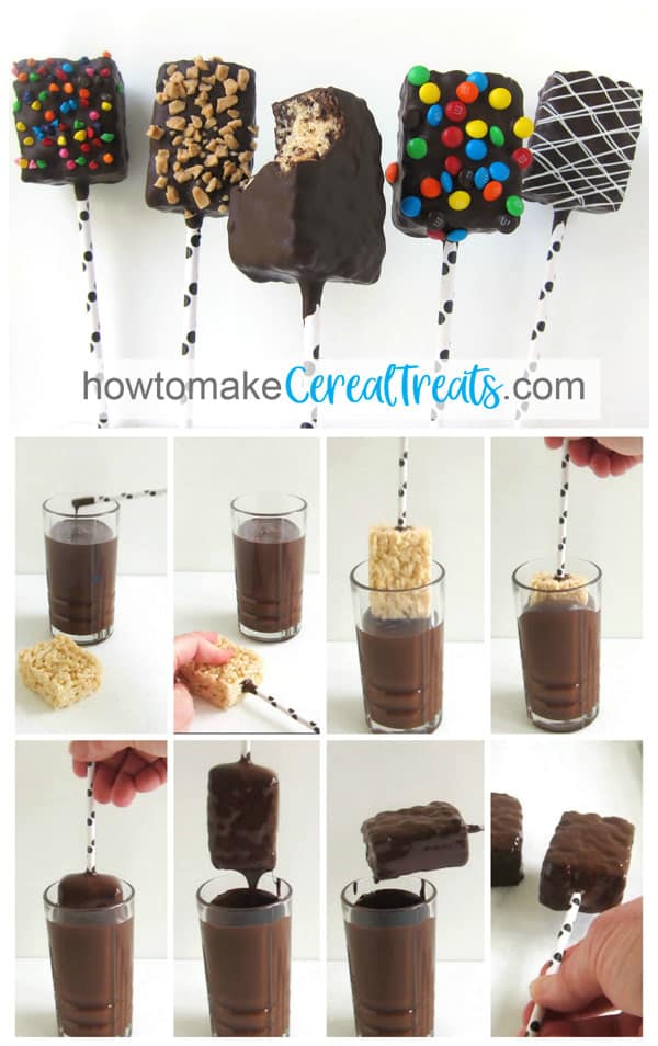 collage of images showing how to make chocolate dipped rice krispie treat lollipops by inserting a lollipop stick or straw into a treat and dipping it into a tall glass filled with chocolate