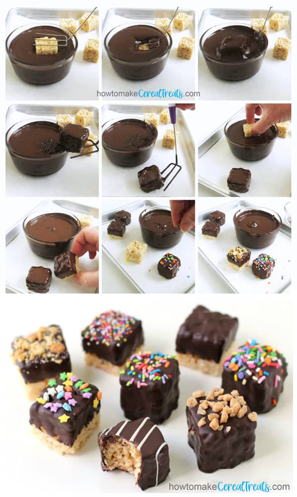 collage of images showing how to make bite sized chocolate dipped rice krispie treats