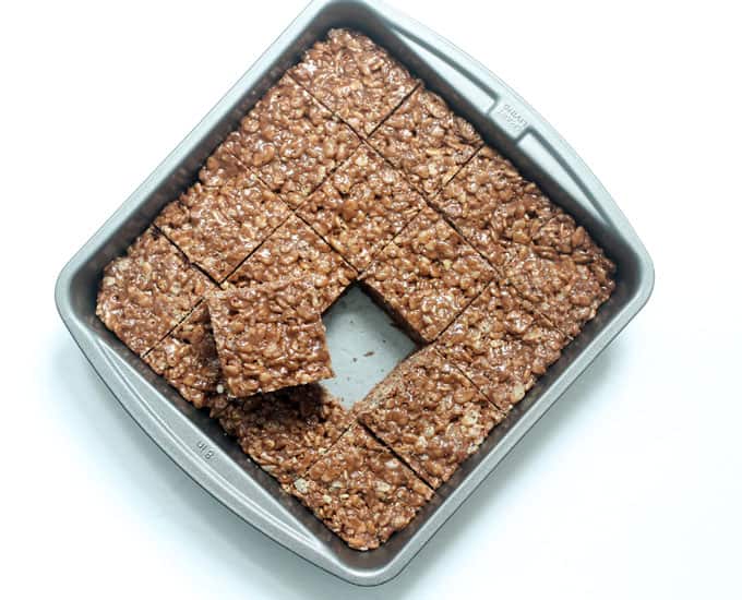 Nutella Rice Krispie Treats in baking pan cut in squares 