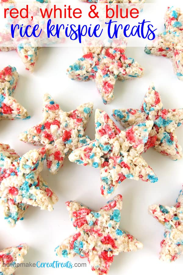 Kellogg's red, white and blue Rice Krispie Treats cut into star shapes set on a white table