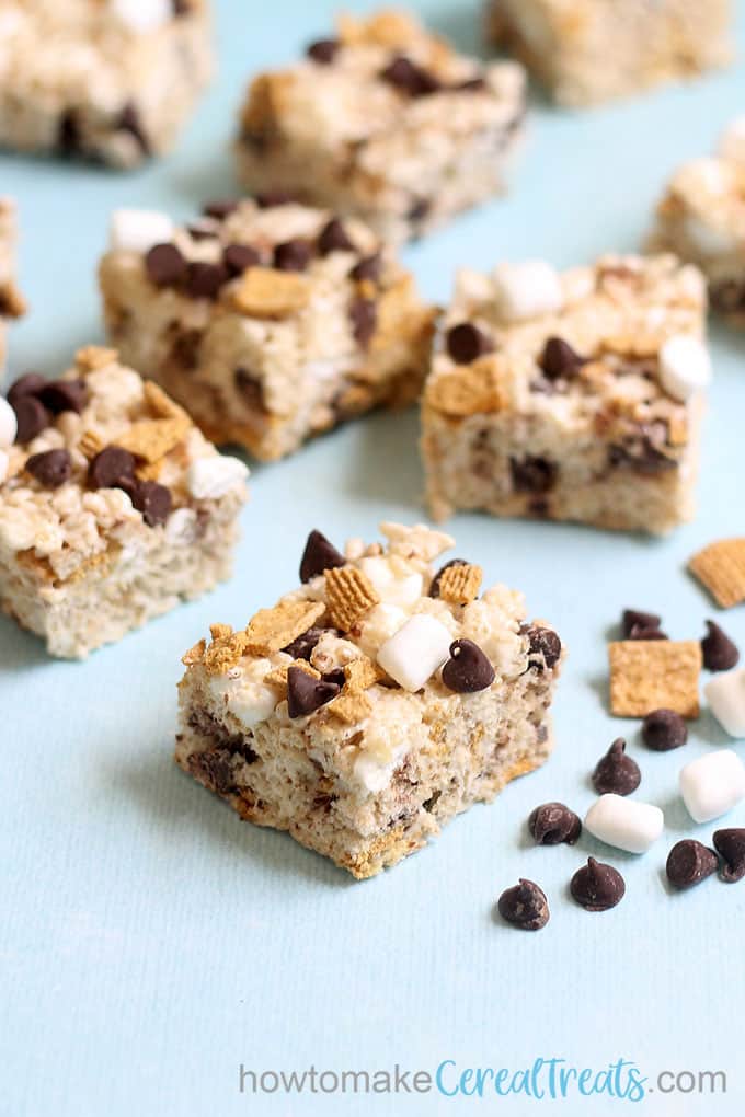s'mores rice krispie treats with blue background 