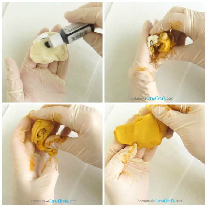 collage of images showing how to color white modeling chocolate using gold gel color