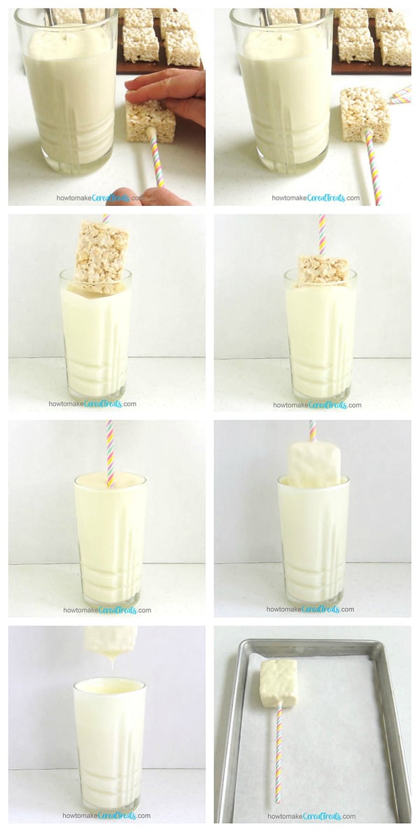 collage of images showing how to dip a rice krispie treat into a glass of white chocolate