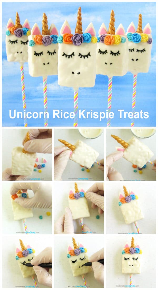 Collage of images showing how to add the modeling chocolate horn, ears, and flowers to a Unicorn Rice Krispie Treat