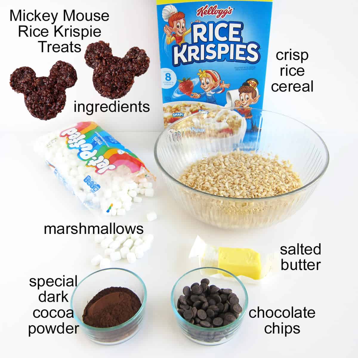 Mickey Mouse Rice Treats ingredients indcluding Rice Krispies, marshmallows, butter, cocoa powder, and chocolate chips