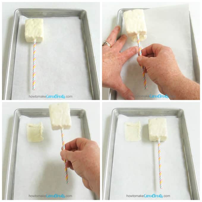 collage of images showing how to remove the footer (puddle) of white chocolate off a dipped rice krispie treat by lifting it off the parchment and placing it on a clean spot