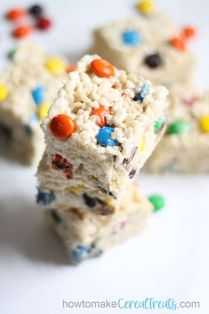 overhead view of stacked M & M Rice Krispie Treats