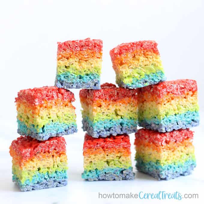square stack of rainbow rice krispie treats 