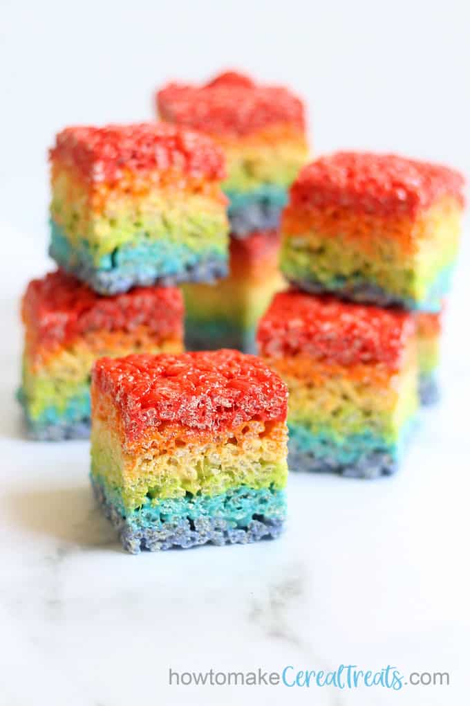 stack of rainbow rice krispie treats 