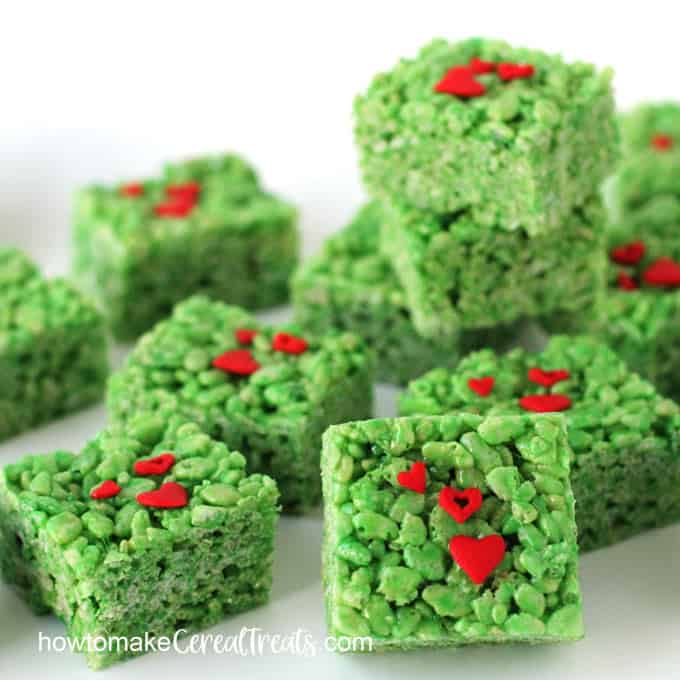 These Grinch Rice Krispie Treats are sure to steal the show this Christmas and help bring joy to even the Grinchiest people in your life.