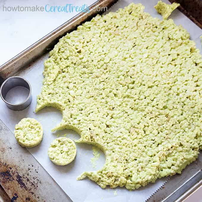 cutting out circles from green rice krispie treats