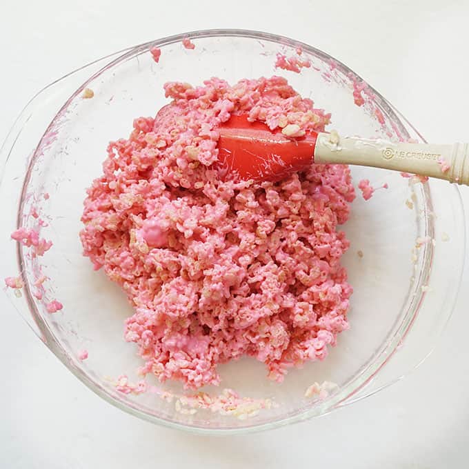 pink rice krispie treats in bowl
