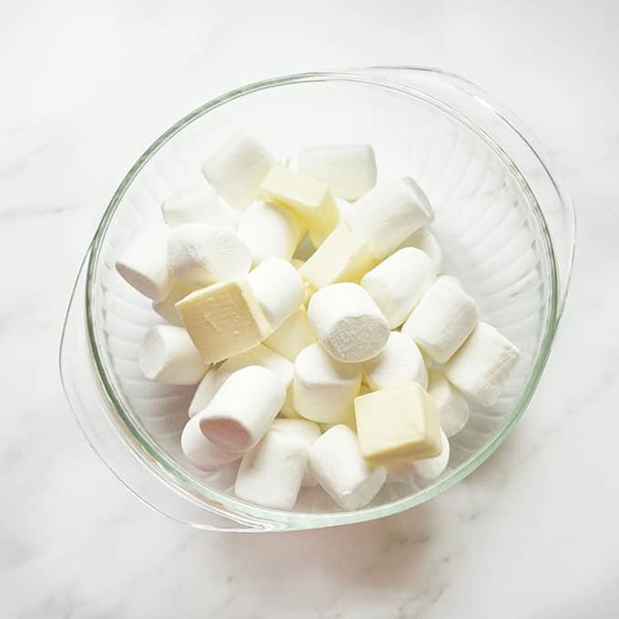 MARSHMALLOWS and butter in a bowl for rice krispie treats