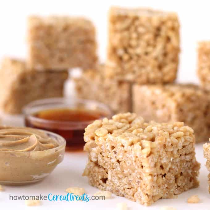 marshmallow-free rice krispie treats made using peanut butter and honey
