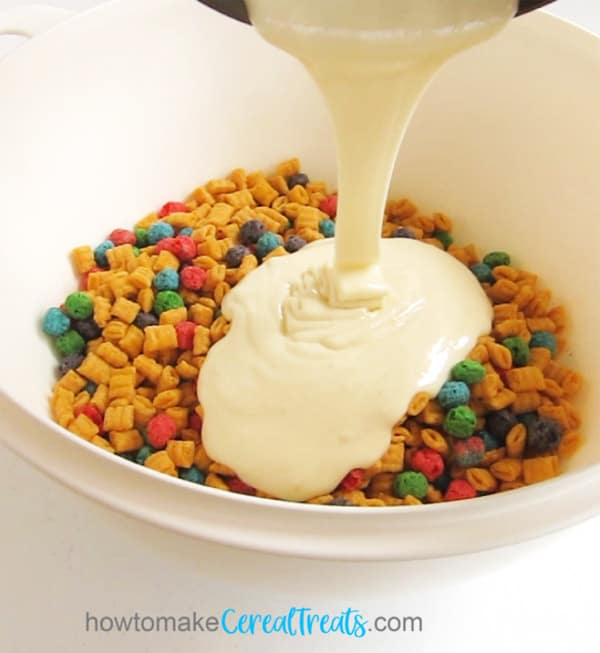 Pour melted butter and marshmallows over Cap'n Crunch Berries Cereal to make crispy bars.