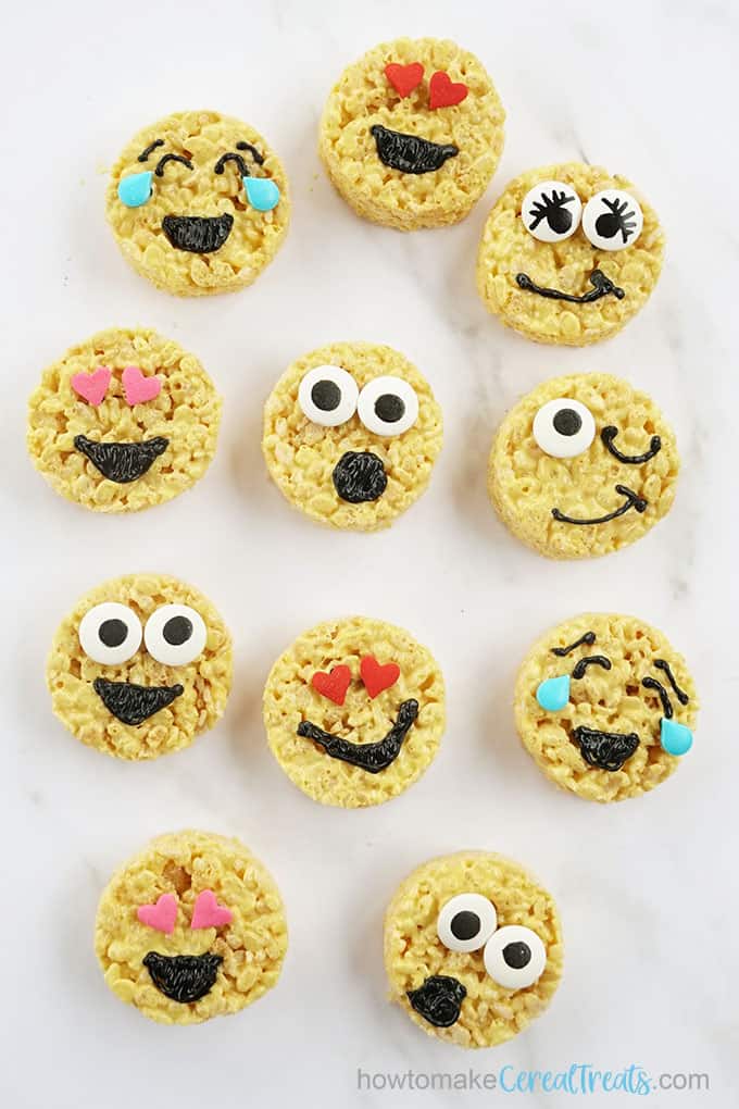 overhead image of emoji rice krispie treats 