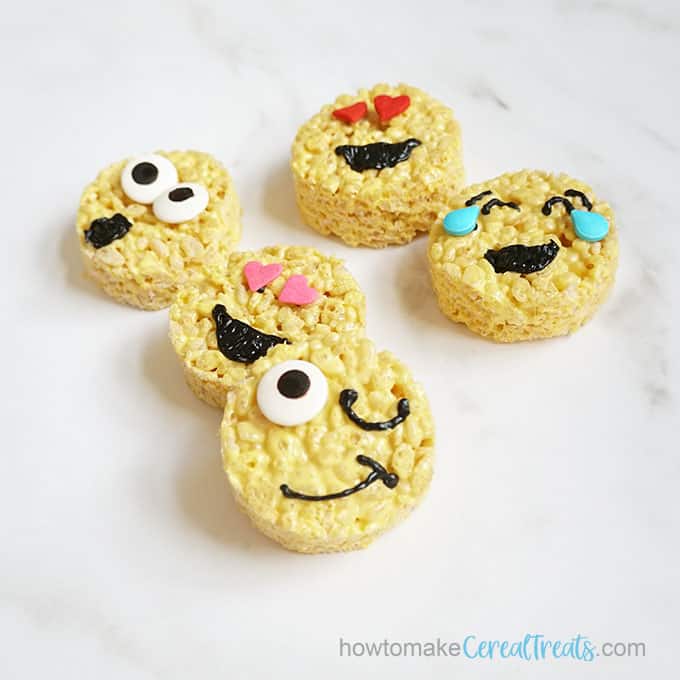 close-up image of emoji rice krispie treats