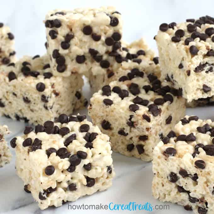 Rice Krispie treats sprinkled with mini chocolate chips