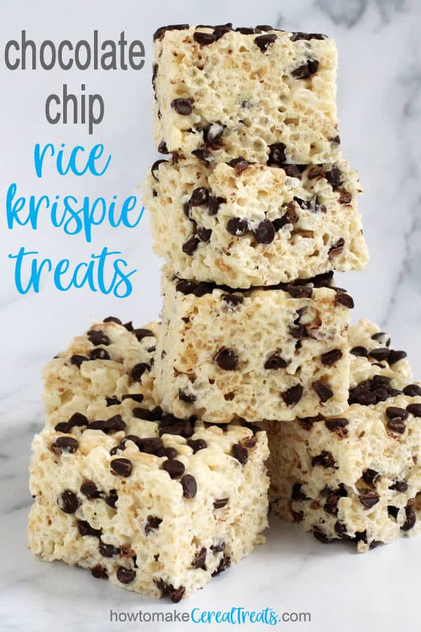 chocolate chip rice krispie treats stacked up on a marble background