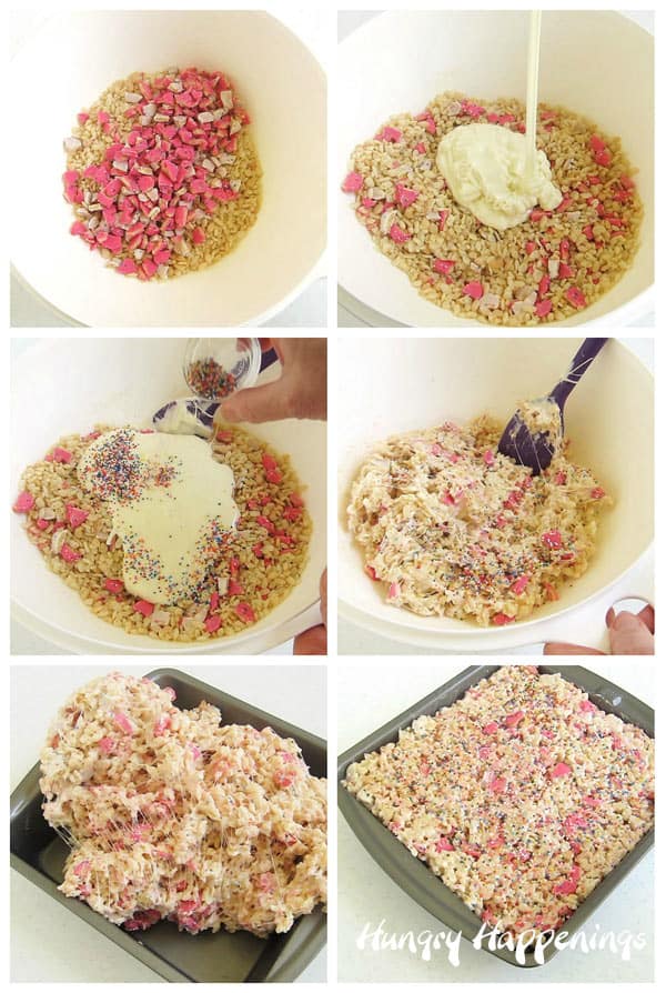 step-by-step process for making circus animal rice krispie treats in an 8-inch square pan
