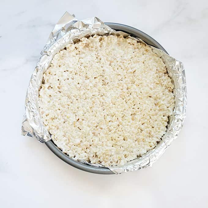 spring rice krispie treat cake in pan 