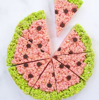 watermelon rice krispie treats with wedge removed