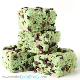 Light green-colored mint chocolate chip rice krispie treats loaded with mini chocolate chips.