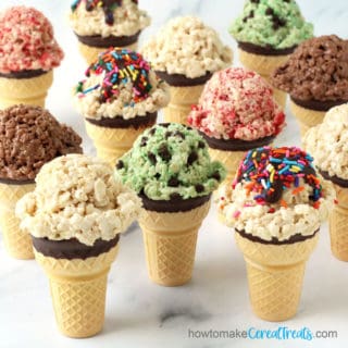 ice cream cone rice krispie treats including chocolate, vanilla, strawberry, mint chocolate chip, and more