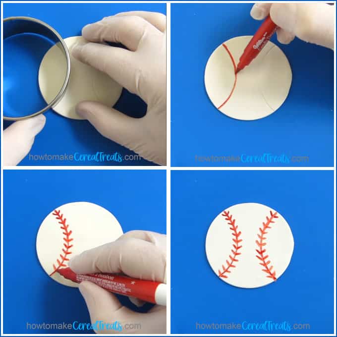 Use the round cookie cutter to mark your modeling chocolate circles then draw on baseball laces using a red food coloring marker. 