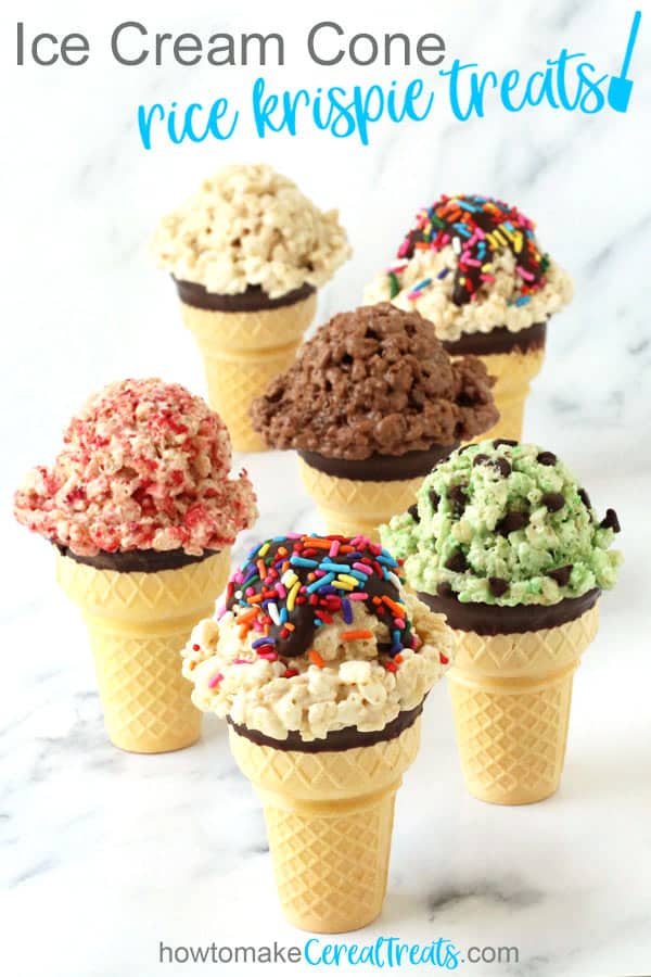Vanilla, Strawberry, Mint Chocolate Chip, Chocolate and Sprinkle Rice Krispie Treat Ice Cream Cones