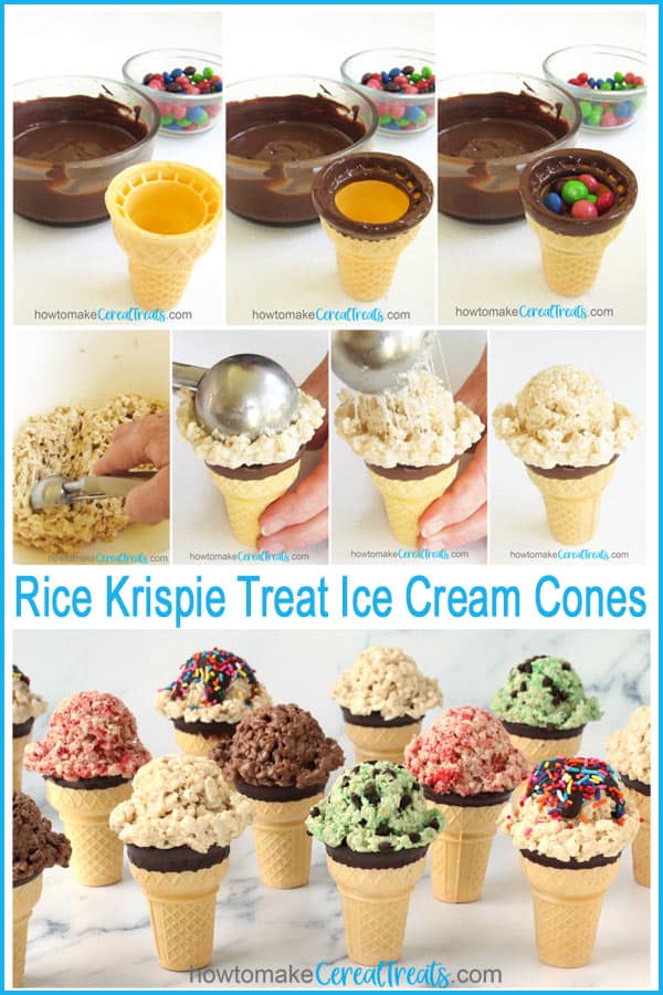 dip an ice cream cone into chocolate then fill it with candy (Skittles) then use an ice cream scoop to top ice cream cones with rice krispie treats