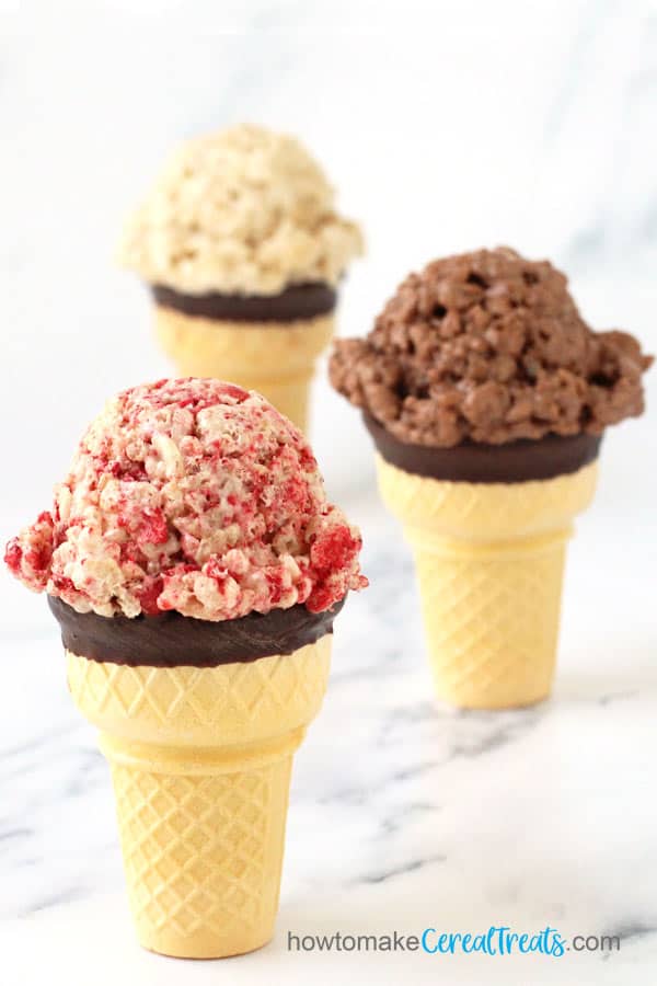 vanilla, chocolate, and strawberry rice krispie treat ice cream cones