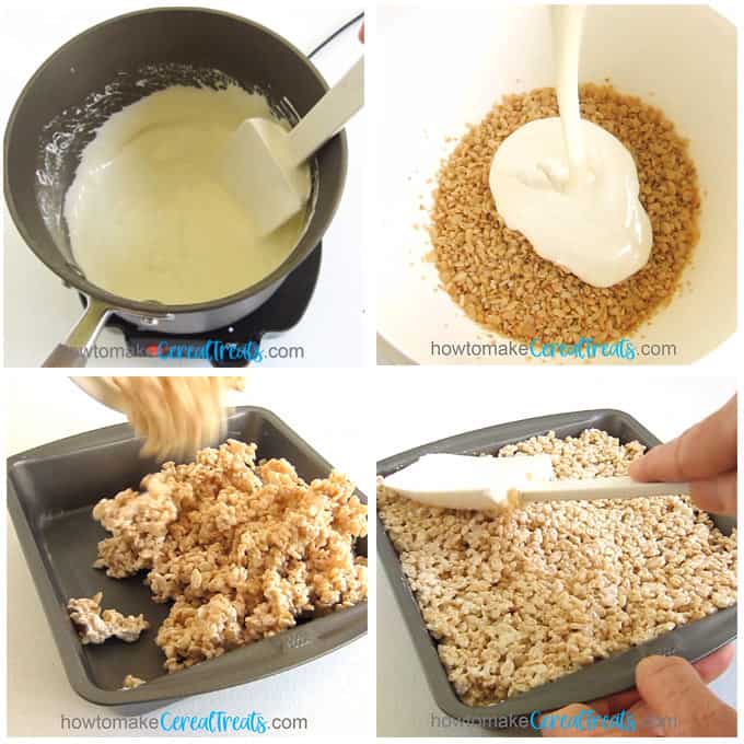 melting butter and marshmallow fluff in a pan then pour over rice krispies cereal then spread into an 8-inch pan 