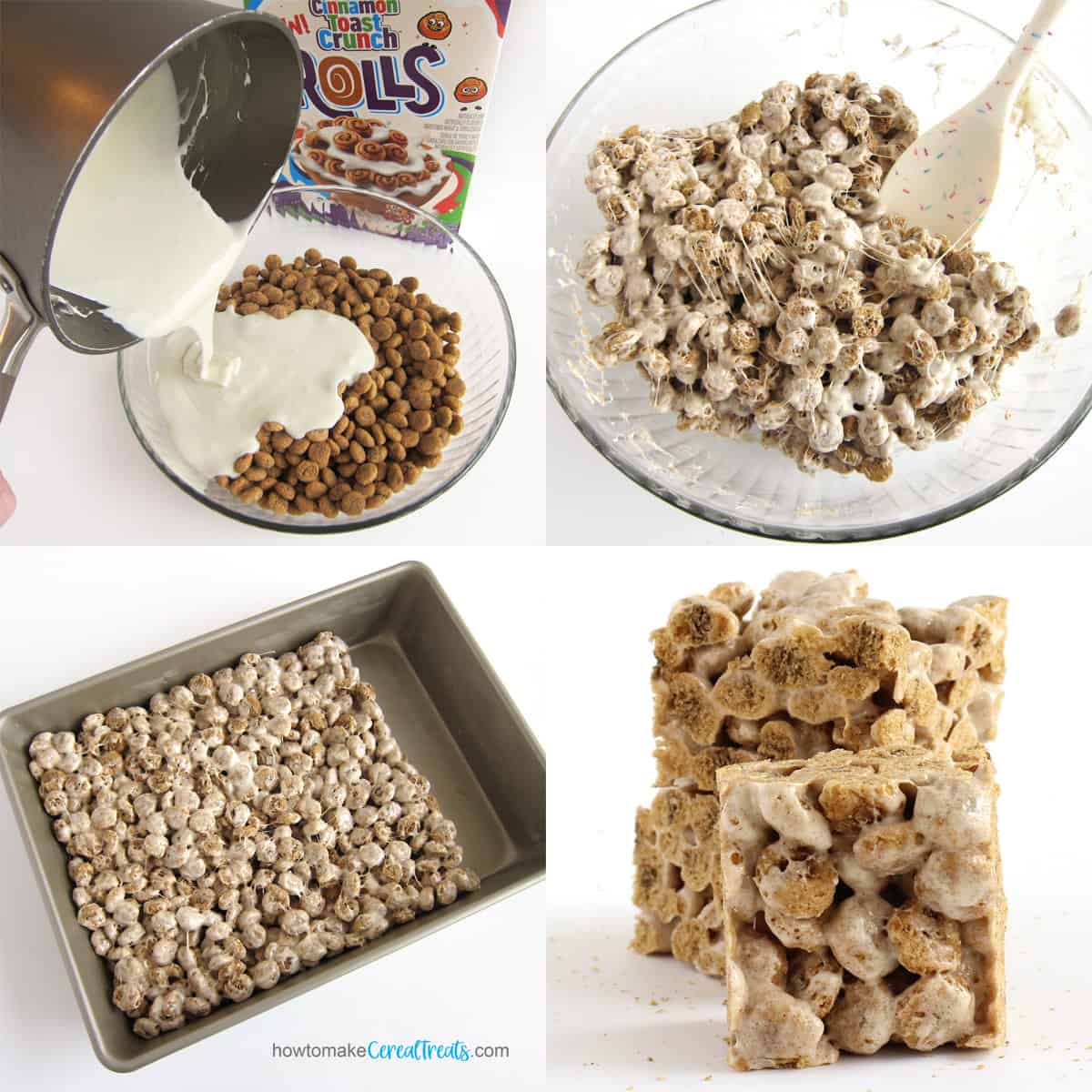 mix melted marshmallows and butter with Cinnamon Toast Crunch Rolls Cereal to make cereal treats