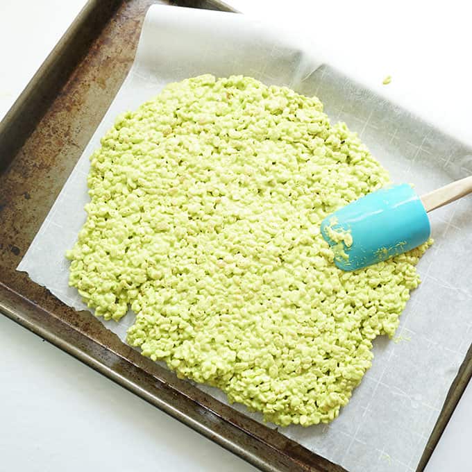 Frankenstein Rice Krispie Treats on baking tray