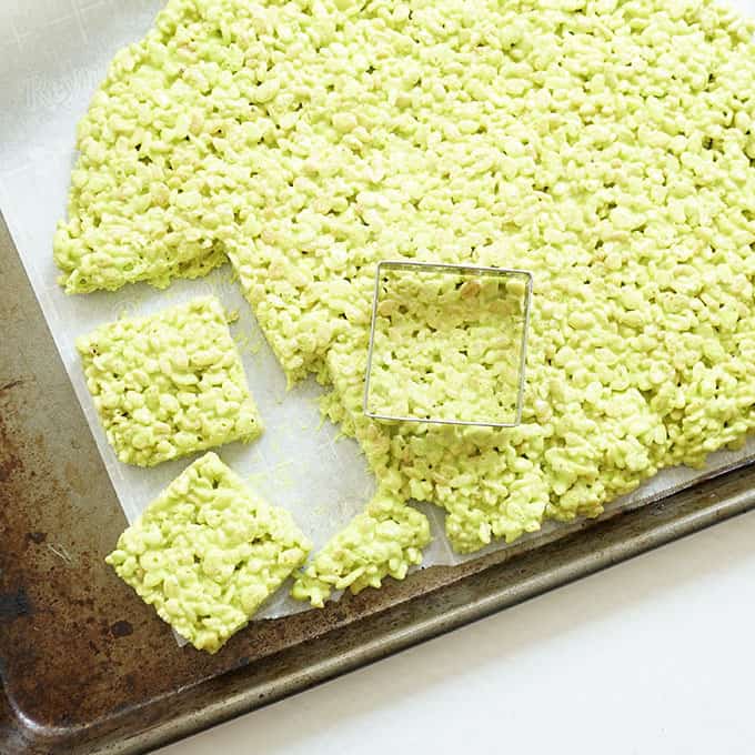 cutting Frankenstein Rice Krispie Treats