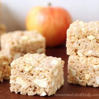 Cinnamon Apple Rice Crispy Treats are loaded with bits of dried apple rings and freeze-dried apple crumbs.