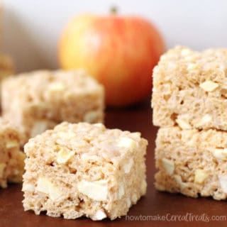 Cinnamon Apple Rice Crispy Treats loaded with bits of dried apple rings and crushed freeze-dried apples.