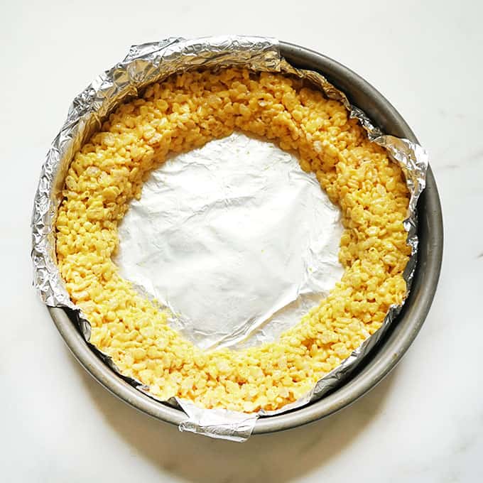 candy corn Rice Krispie treats in baking pan