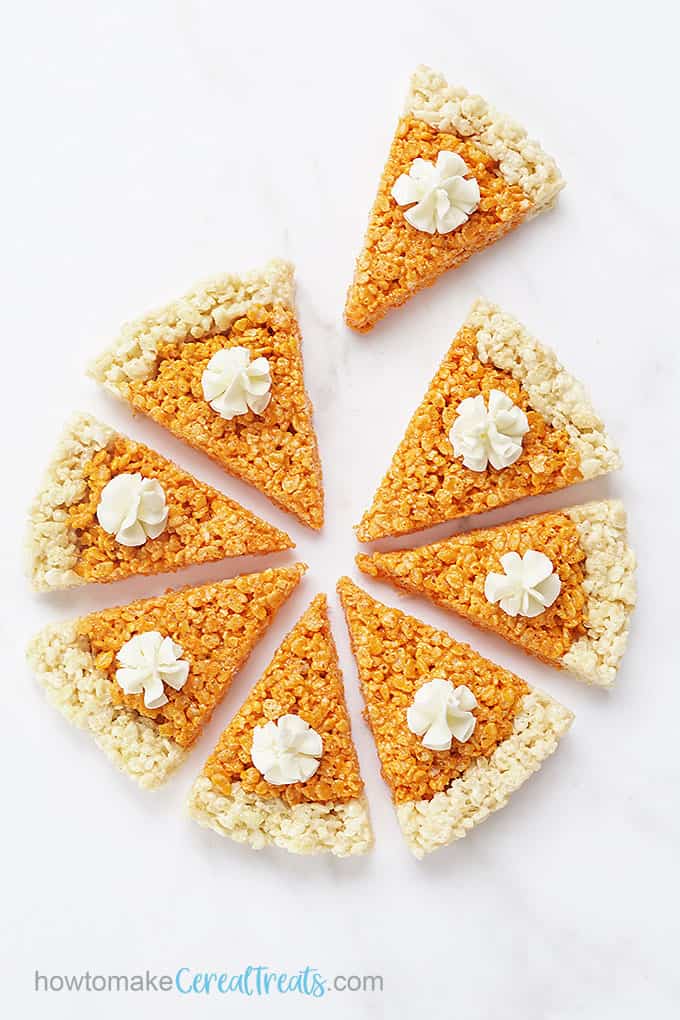 overhead view pumpkin pie cereal treats for Thanksgiving 