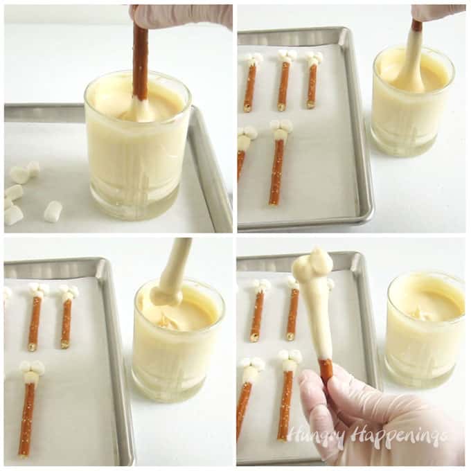 dip the pretzel rod with the attached marshmallows into white chocolate