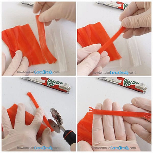 cut the fruit roll into strips then fold that strip and cut the ends into fringed scarves